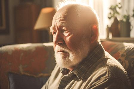 Portrait of a sad senior man sitting on a sofa at homeの素材