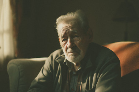 Portrait of senior man sitting in armchair at home and looking at cameraの素材