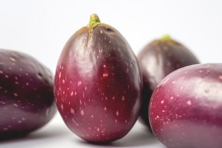 Close up of Eggplants on white background with copy space. Healthy vegan vegetarian food concept.の写真素材