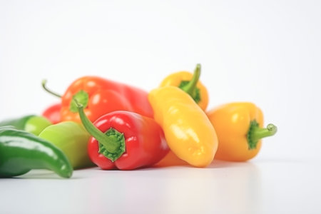 Close up of Peppers on white background with copy space. Healthy vegan vegetarian food concept.の写真素材