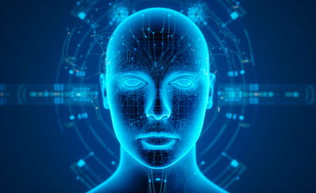Futuristic medical technology abstract head abstract head graph of a person with graphs and cables on a background. Hi tech Wireframe human AI system concept.の写真素材