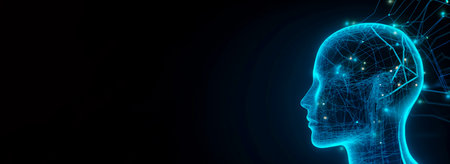 Futuristic medical technology abstract head abstract head graph of a person with graphs and cables on a background. Hi tech Wireframe human AI system concept.の写真素材