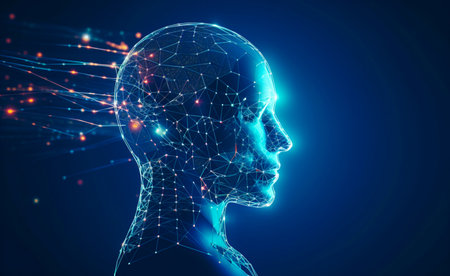 Futuristic medical technology abstract head abstract head graph of a person with graphs and cables on a background. Hi tech Wireframe human AI system concept.の写真素材