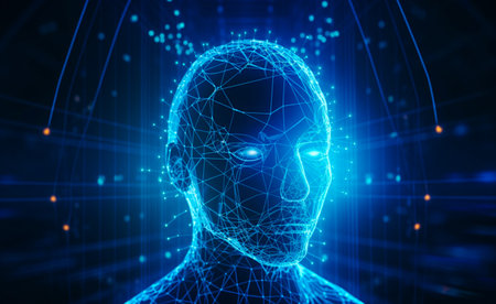 Futuristic medical technology abstract head abstract head graph of a person with graphs and cables on a background. Hi tech Wireframe human AI system concept.の写真素材