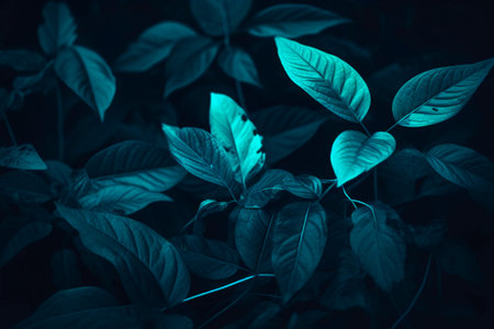 Tropical leaf forest glow in the dark background with copy space. High contrast concept.の写真素材
