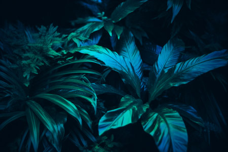 Tropical leaf forest glow in the dark background with copy space. High contrast concept.の写真素材