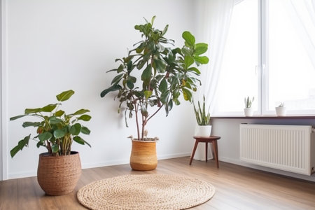 Empty room interior with plants and potted on wooden floor.  Still life concept.の写真素材