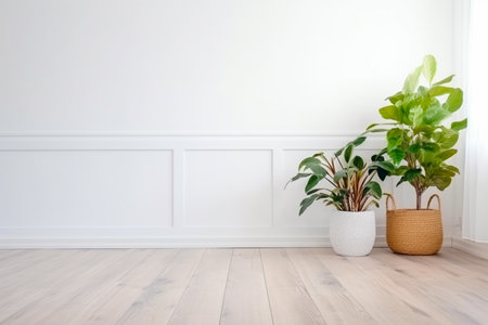 Empty room interior with plants and potted on wooden floor.  Still life concept.の写真素材