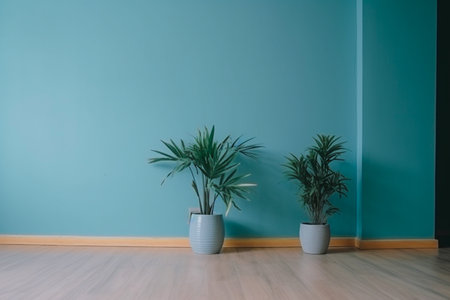 Empty room interior with plants and potted on wooden floor.  Still life concept.の写真素材