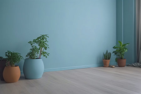 Empty room interior with plants and potted on wooden floor.  Still life concept.の写真素材
