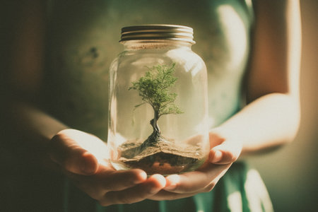 Woman holding an actual jar with a tree plant inside. Earth day concept.の素材