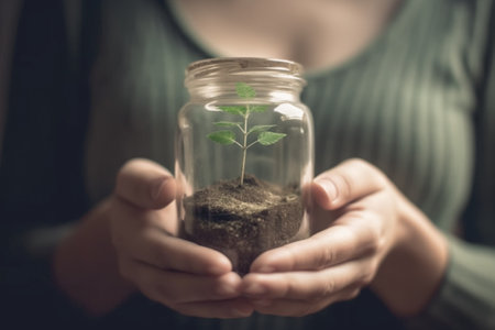 Woman holding an actual jar with a tree plant inside. Earth day concept.の素材