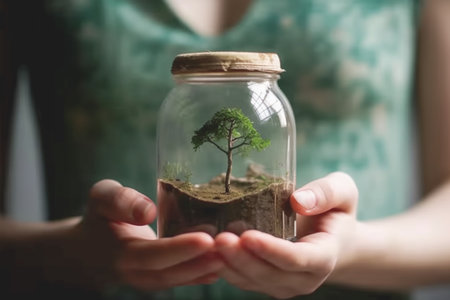 Woman holding an actual jar with a tree plant inside. Earth day concept.の素材