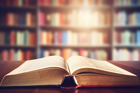 Open book on wooden table in library with bookshelf in backgroundの素材
