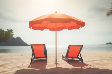 Two beach chairs with orange umbrella on the beach, vintage tone.の写真素材
