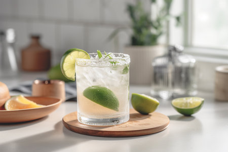 Cocktail with lime and mint on white table in kitchen, closeupの写真素材