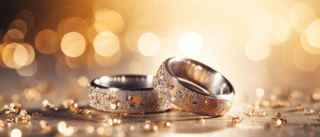 Wedding rings with silver and gold on bokeh background in the style of glitter and diamond dust. Closeup photo with copy space for text.の写真素材