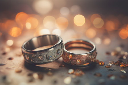 Wedding rings with silver and gold on bokeh background in the style of glitter and diamond dust. Closeup photo with copy space for text.の写真素材