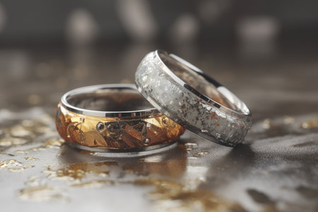 Wedding rings with silver and gold on bokeh background in the style of glitter and diamond dust....