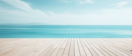 Sea background with wood floor foreground on horizon tropical sandy beach. Blurred beach background....
