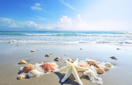 Starfish and seashells on the beach with blue sky backgroundの写真素材