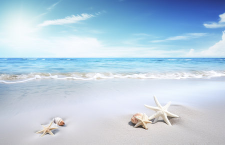 Starfish and seashells on the sandy beach with sea backgroundの写真素材