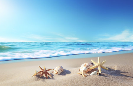 Starfish and seashells on the sandy beach with sea backgroundの写真素材