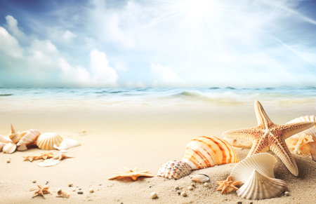 Sea shells and sand on the seashore. Summer background.の写真素材