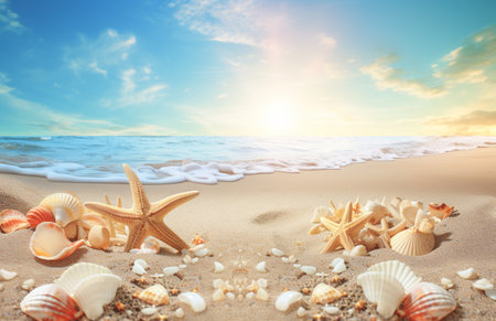 Sea shells and starfish on sandy beach at sunset. Travel conceptの写真素材