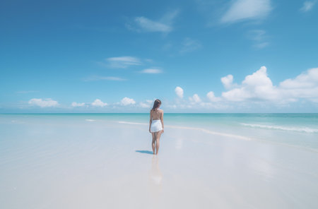 Beautiful young woman standing on the beach with blue sky background.の写真素材