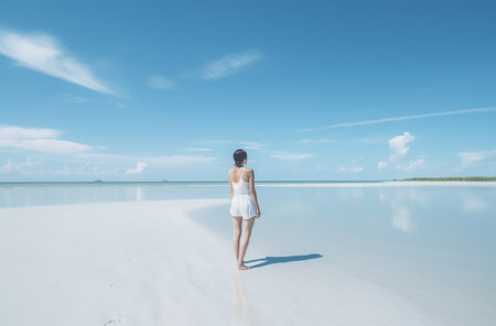 Back view of a young woman in white dress walking on the salt lakeの写真素材