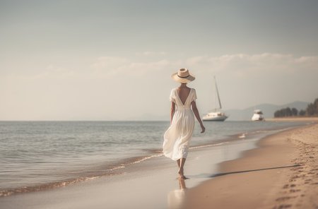 Beautiful woman in white dress and hat walking on the beach.の写真素材