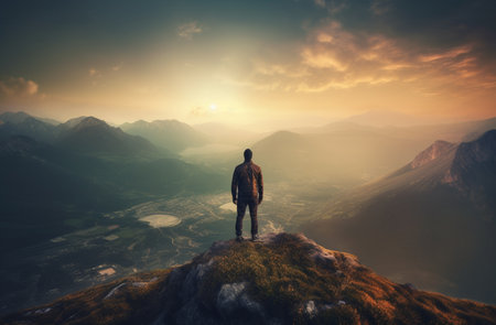 Sporty man on the mountain peak looking on mountain valley with low clouds at colorful sunset in autumn. Landscape with traveler, foggy hills, forest in fall, amazing sky at dusk in Alps.の素材