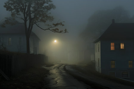 An empty illuminated ghost town street lamps lighting up the road through the trees and village in a fog on a rainy autumn day, street lanterns. English countryside scenes. Halloween background.の素材