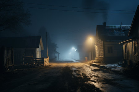 An empty illuminated ghost town street lamps lighting up the road through the trees and village in a fog on a rainy autumn day, street lanterns. English countryside scenes. Halloween background.の素材