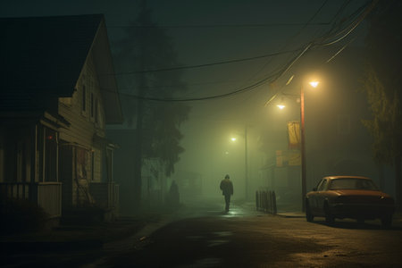 An empty illuminated ghost town street lamps lighting up the road through the trees and village in a fog on a rainy autumn day, street lanterns. English countryside scenes. Halloween background.の素材