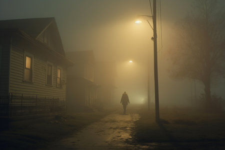 An empty illuminated ghost town street lamps lighting up the road through the trees and village in a fog on a rainy autumn day, street lanterns. English countryside scenes. Halloween background.の素材