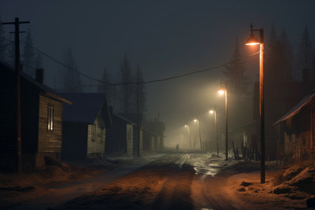 An empty illuminated ghost town street lamps lighting up the road through the trees and village in a fog on a rainy autumn day, street lanterns. English countryside scenes. Halloween background.の素材