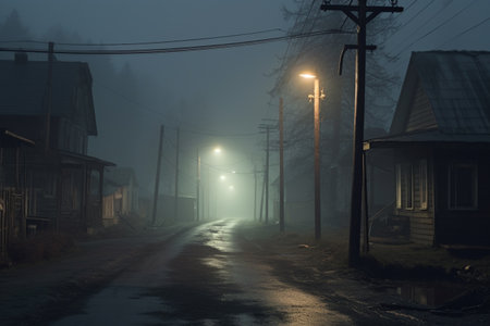 An empty illuminated ghost town street lamps lighting up the road through the trees and village in a fog on a rainy autumn day, street lanterns. English countryside scenes. Halloween background.の素材