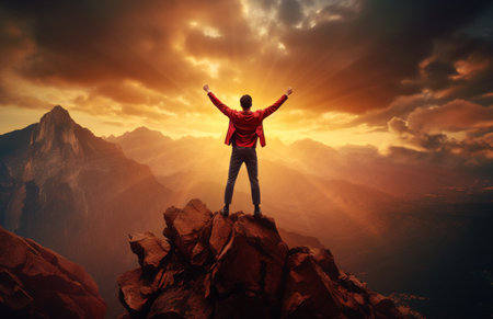 The silhouette of a tourist standing with his arms outstretched the golden glow of the morning sun on the mountaintop. Standing up to achieve success.の素材