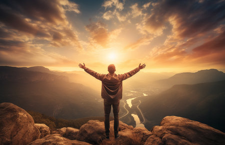 The silhouette of a tourist standing with his arms outstretched the golden glow of the morning sun on the mountaintop. Standing up to achieve success.の素材