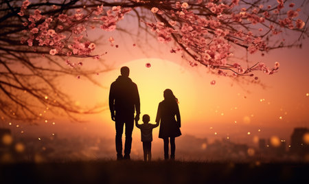 Happy family, father, mother, son and daughter in nature, sunset. Family silhouette at sunset standing on top of hill.の素材