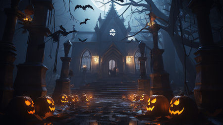 Halloween pumpkins, spooky trees and haunted house with moonlight on dark background.の素材