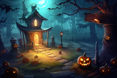 Halloween pumpkins, spooky trees and haunted house with moonlight on dark background.の素材