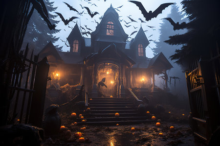 Halloween pumpkins, spooky trees and haunted house with moonlight on dark background.の素材
