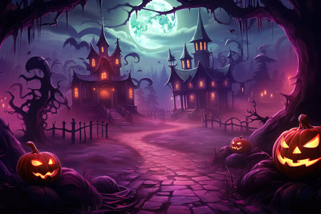 Dark pink and magenta colored cartoon of the moon above a Halloween village with scary pumpkins and trees. Halloween Background.の素材