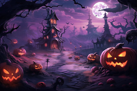 Dark pink and magenta colored cartoon of the moon above a Halloween village with scary pumpkins and trees. Halloween Background.の素材