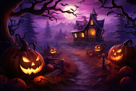 Dark pink and magenta colored cartoon of the moon above a Halloween village with scary pumpkins and trees. Halloween Background.の素材
