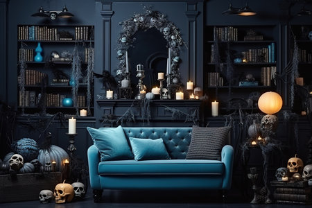 Blue toned living room interior with Halloween decorations. Background for Halloween.の素材