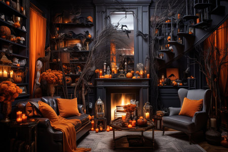 Orange toned living room interior with Halloween decorations. Background for Halloween.の素材
